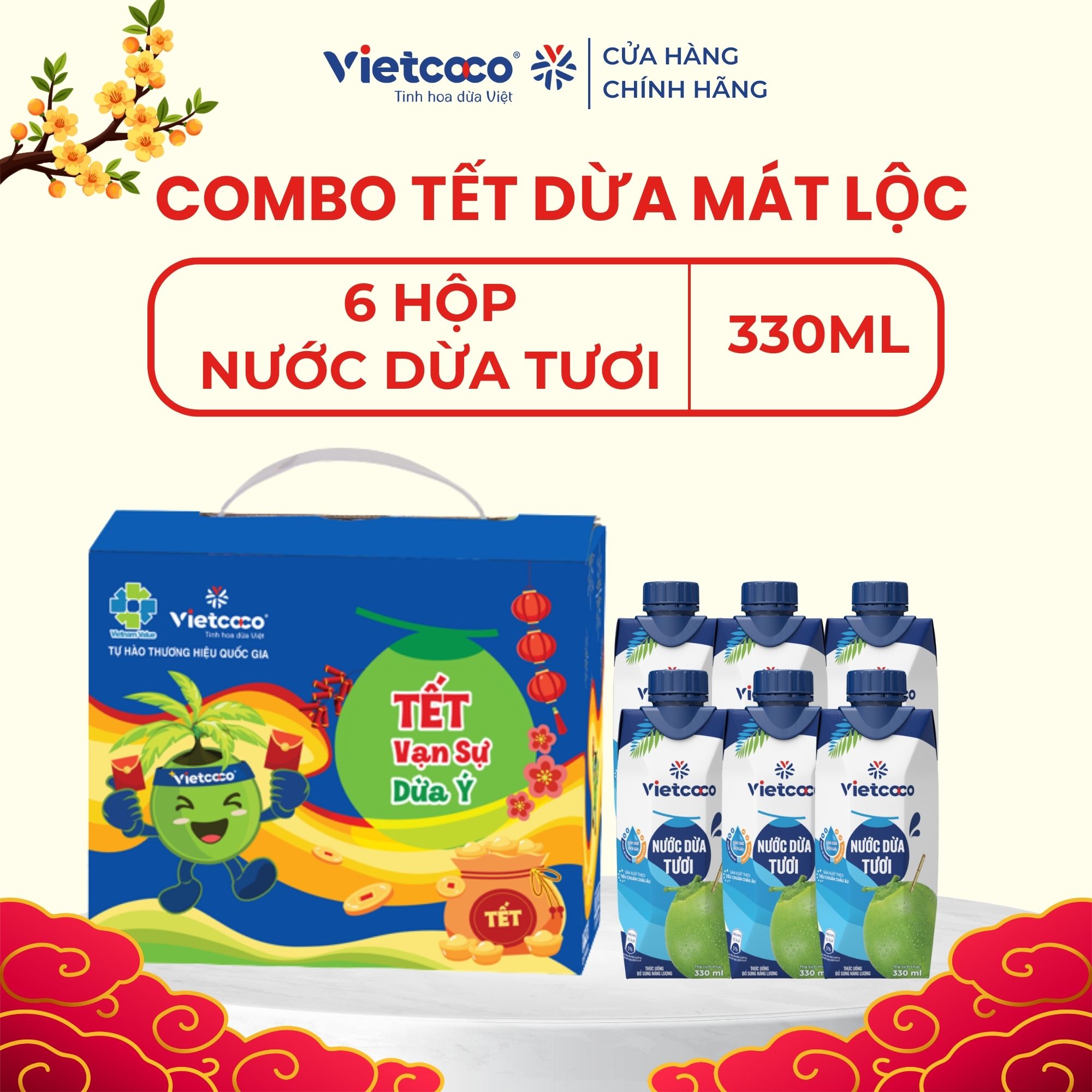[PHIÊN BẢN TẾT 2026] Combo 6 hộp Nước dừa tươi VIETCOCO - Hộp giấy 330ml