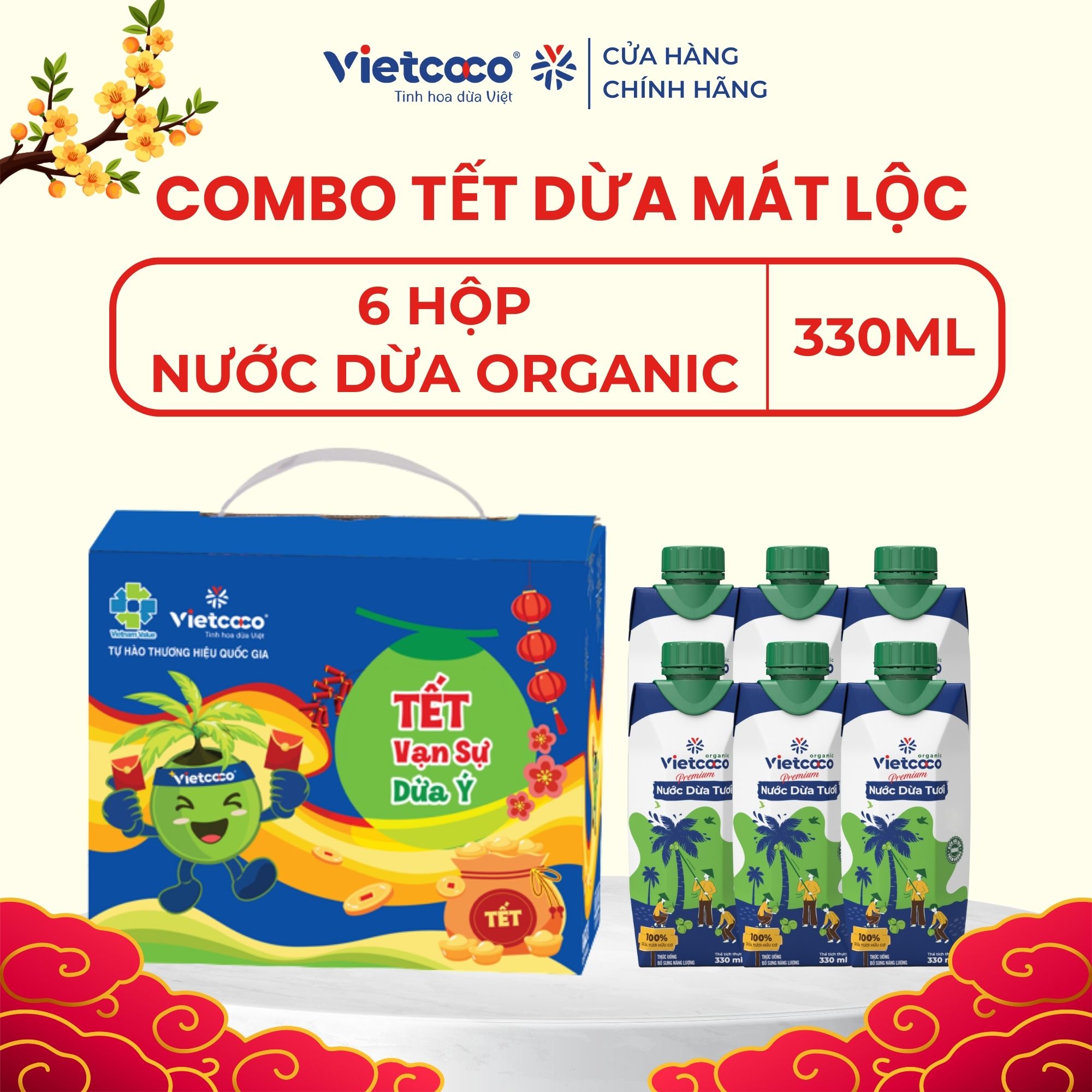 [PHIÊN BẢN TẾT 2026] Combo 6 hộp Nước dừa tươi Premium Organic VIETCOCO - Hộp giấy 330ml