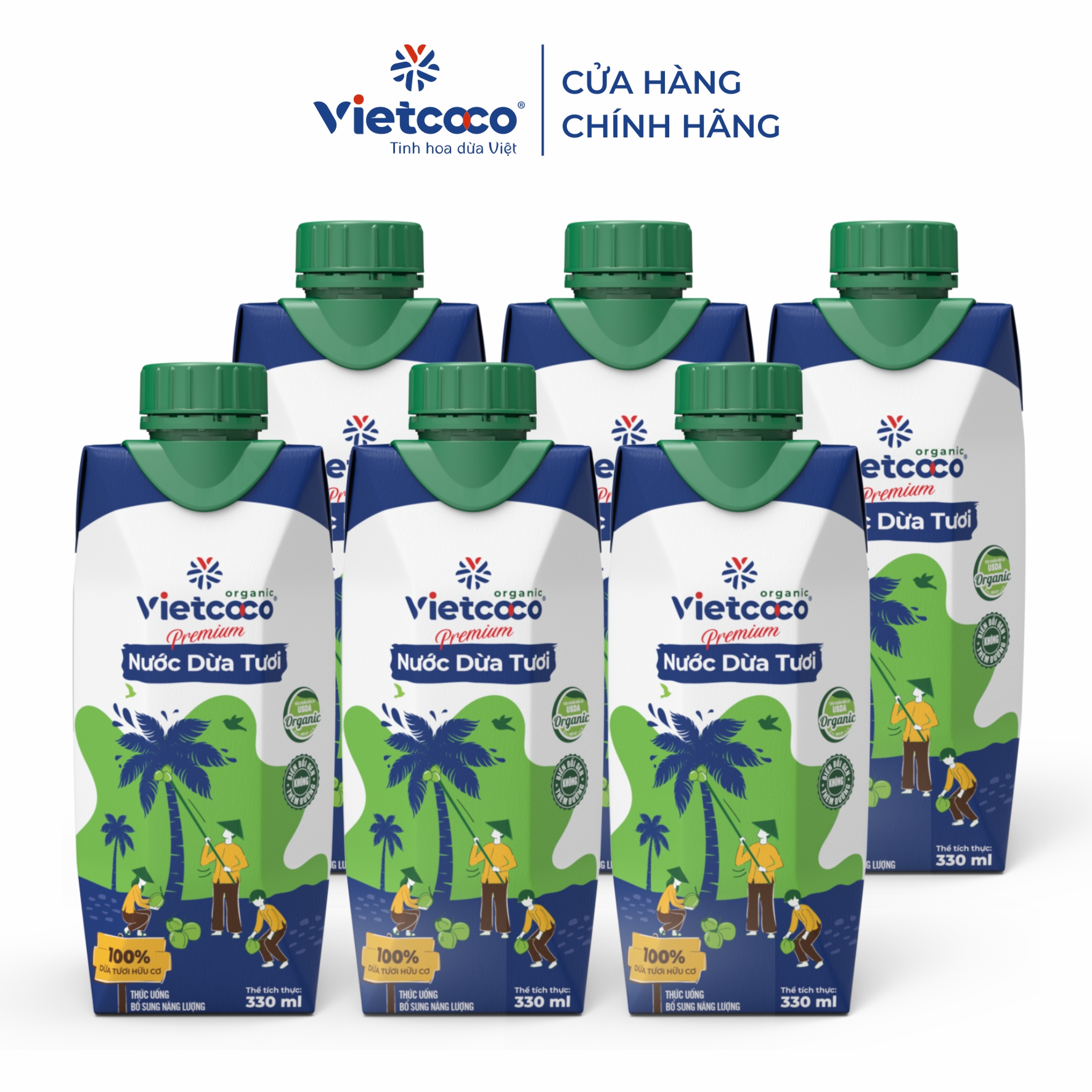 Combo 6 hộp Nước dừa tươi Premium Organic VIETCOCO - Hộp giấy 330ml