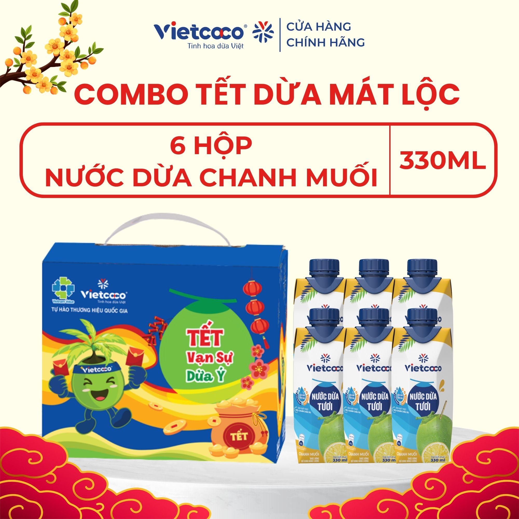 [PHIÊN BẢN TẾT 2026] Combo 6 hộp Nước dừa tươi chanh muối VIETCOCO - Hộp giấy 330ml