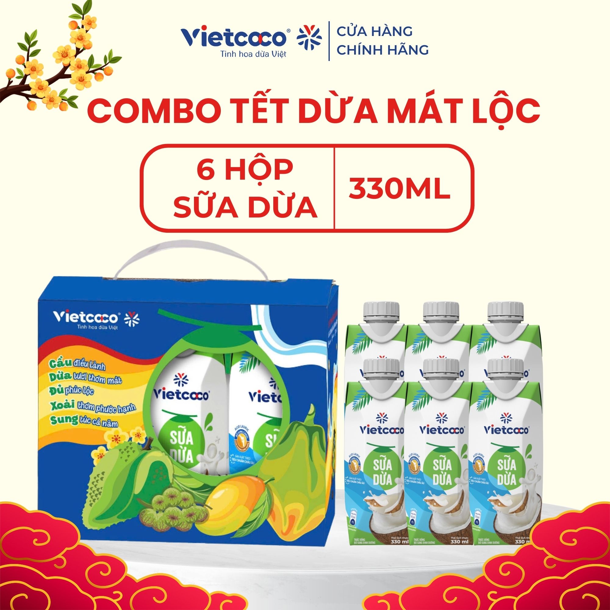 [PHIÊN BẢN TẾT 2026] Combo 6 hộp sữa dừa UHT Vietcoco hộp 330ml