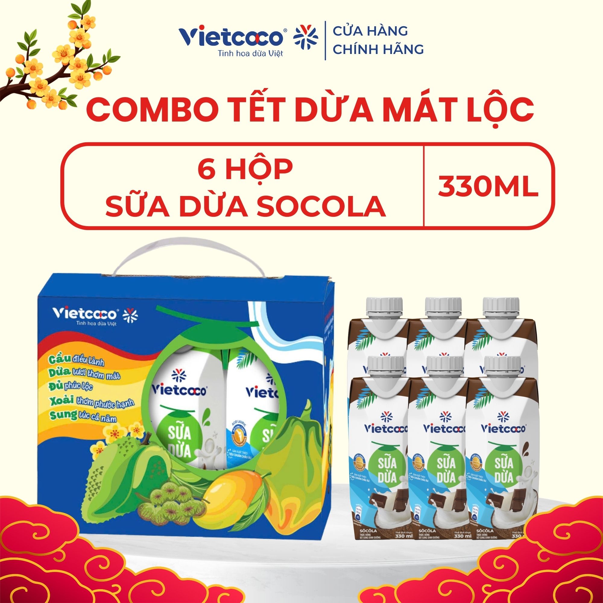 [PHIÊN BẢN TẾT 2026] Combo 6 hộp sữa dừa UHT Socola Vietcoco hộp 330ml