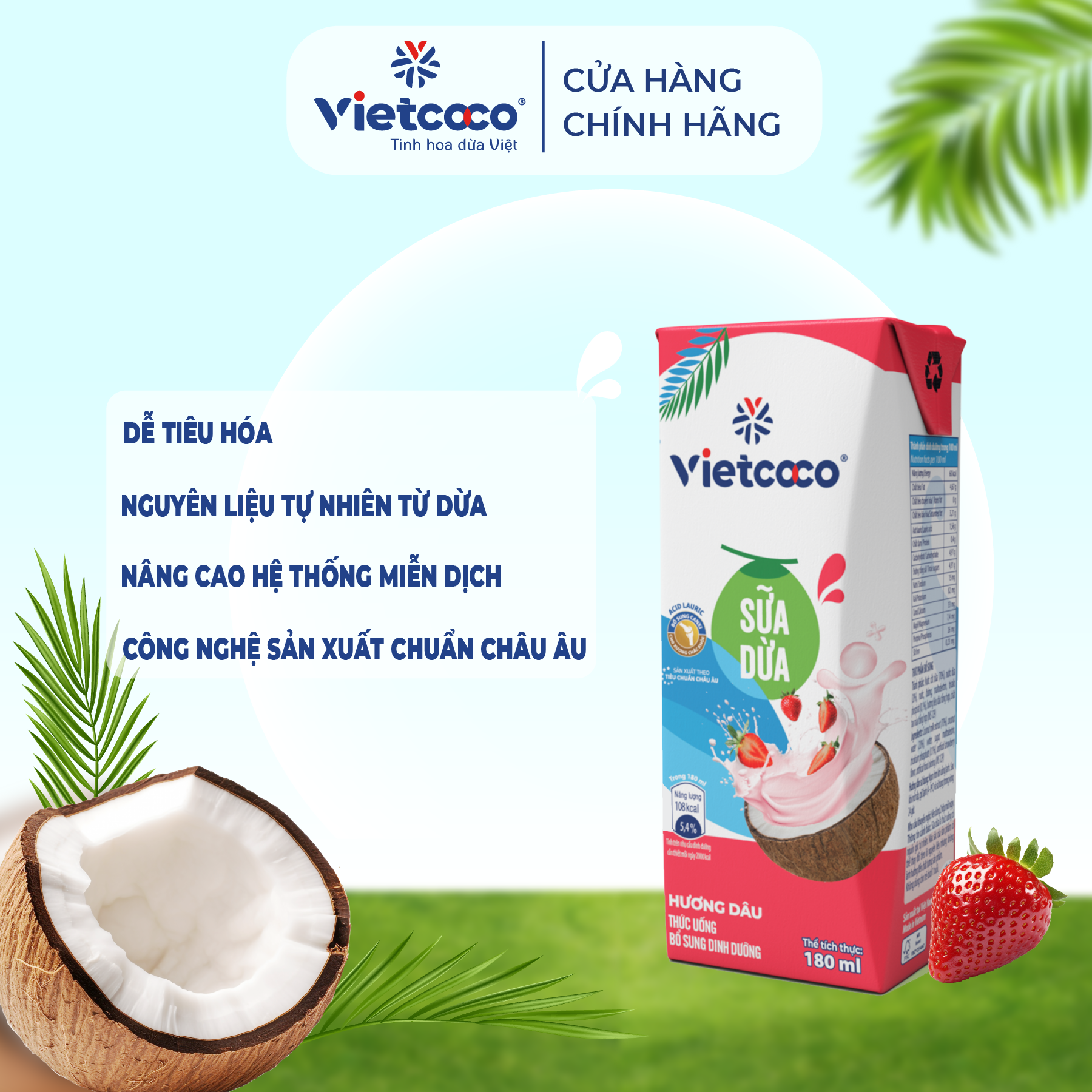 Sữa Dừa Tiệt Trùng Vietcoco 180ml Hương Dâu