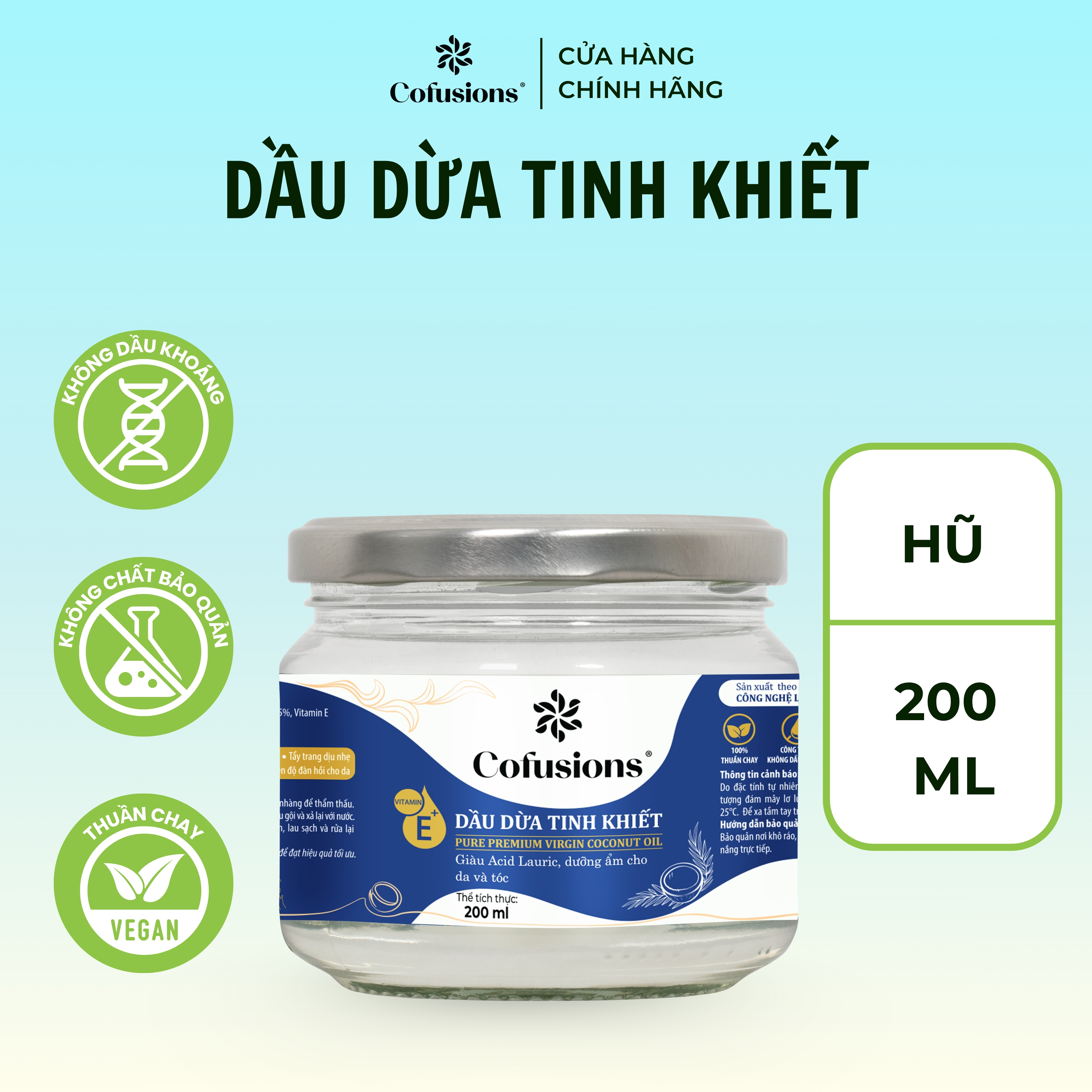 Dầu dừa tinh khiết mỹ phẩm Cofusions - Keo thủy tinh 200ml - Coconut Oil