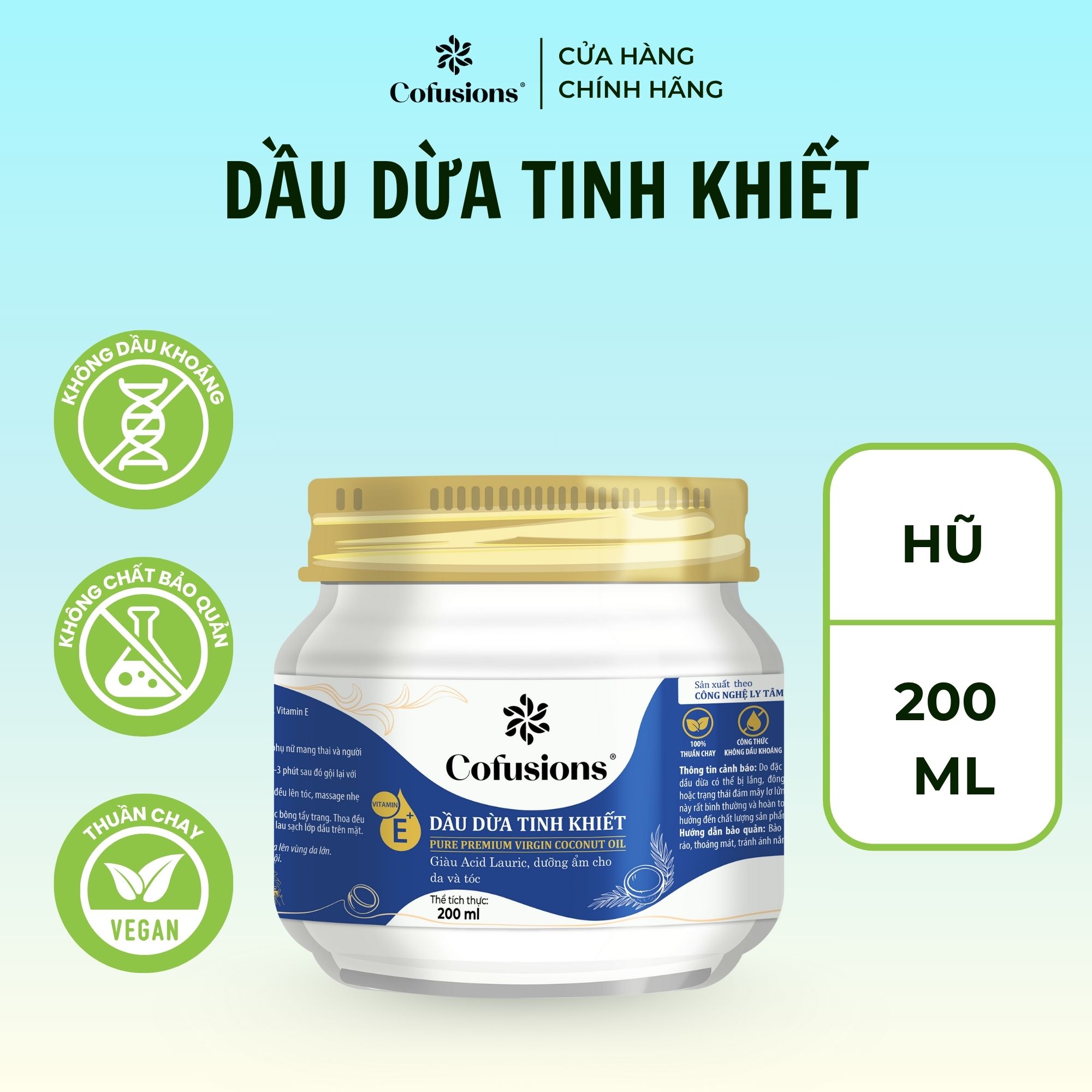 Dầu dừa tinh khiết mỹ phẩm Cofusions - Keo thủy tinh 200ml - Coconut Oil