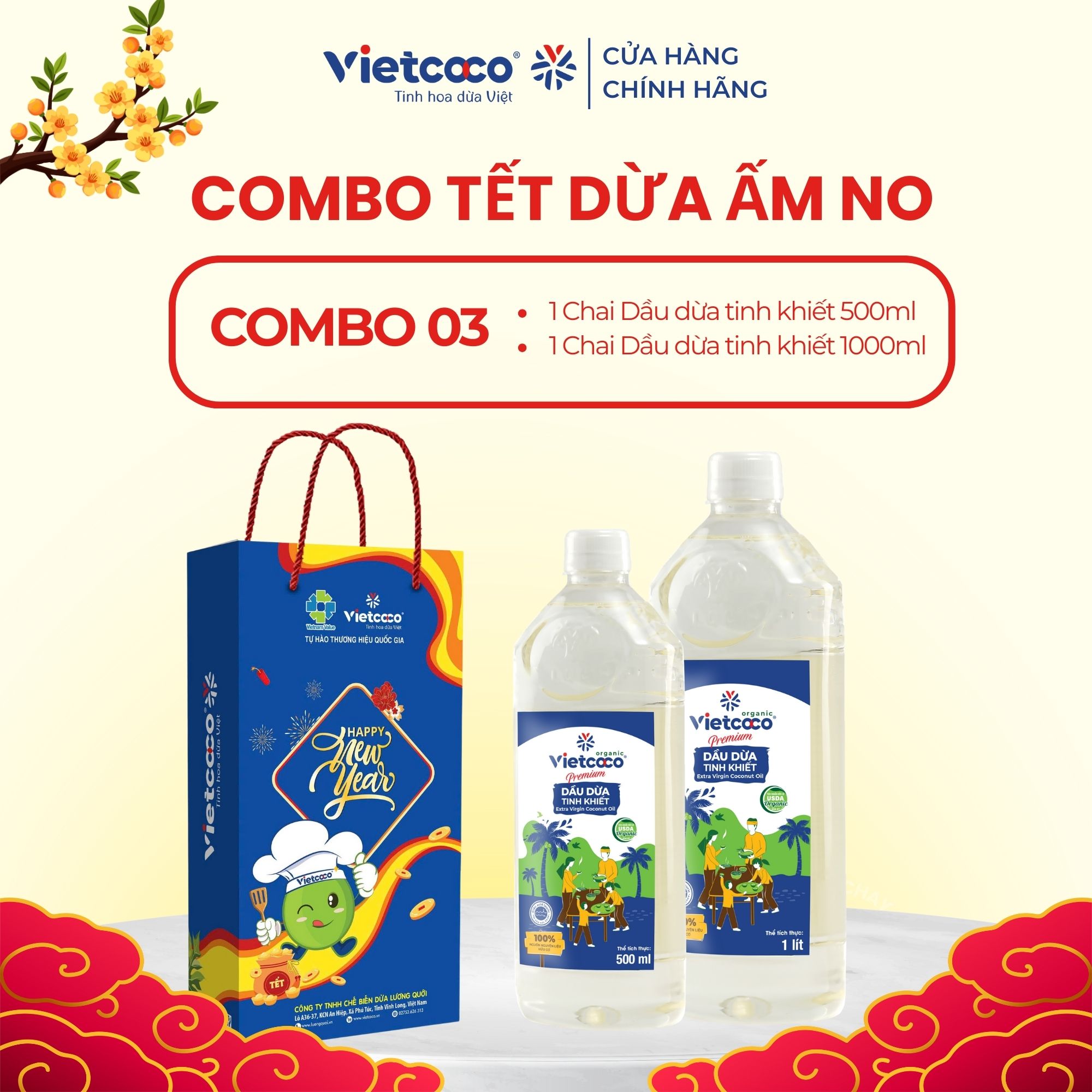 [PHIÊN BẢN TẾT 2026 - TẾT DỪA ẤM NO COMBO 03] Dầu tinh khiết Vietcoco thực phẩm 1L + 500ML