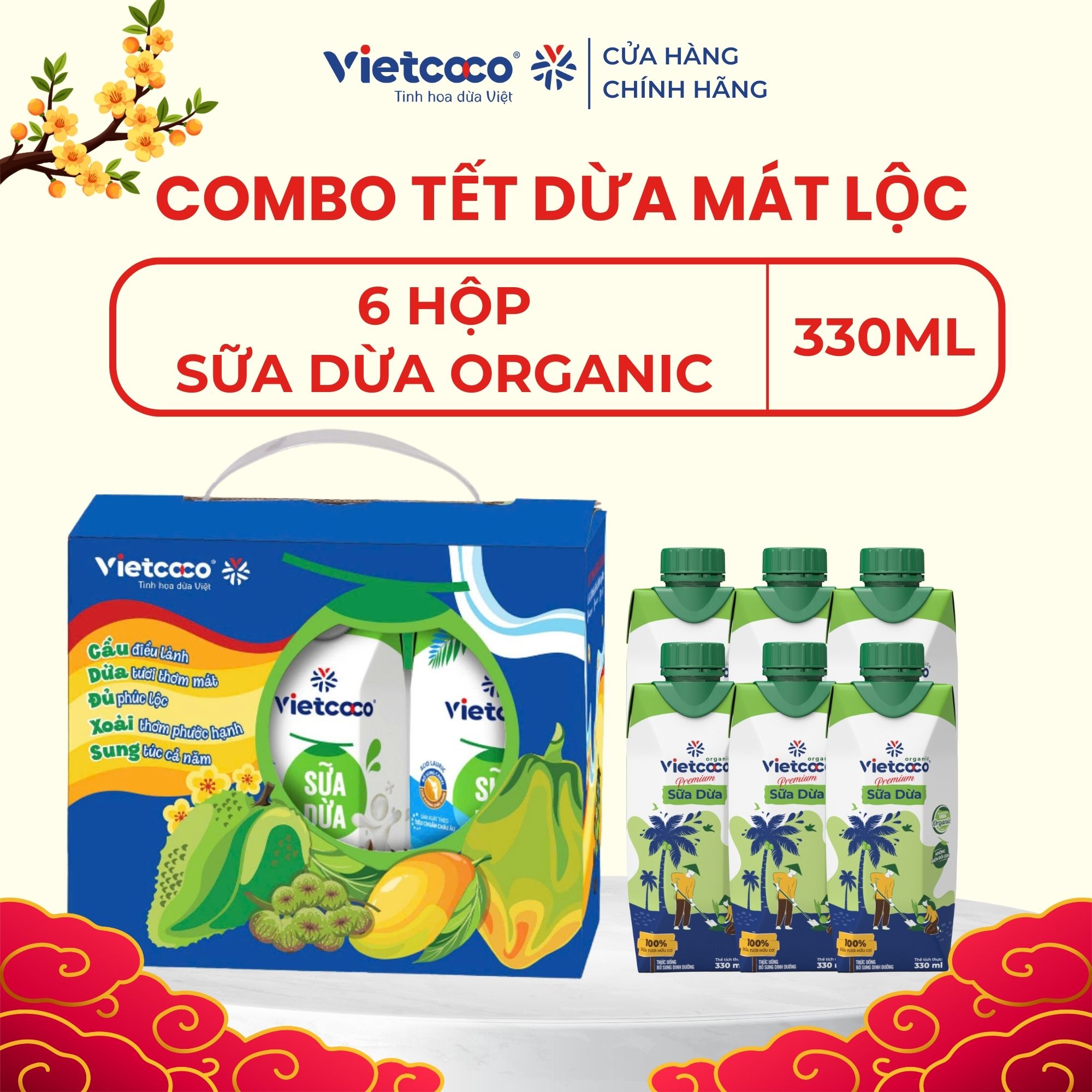 [PHIÊN BẢN TẾT 2026 - TẾT DỪA MÁT LỘC COMBO 05] Combo 6 hộp sữa dừa Organic UHT Vietcoco hộp 330ml