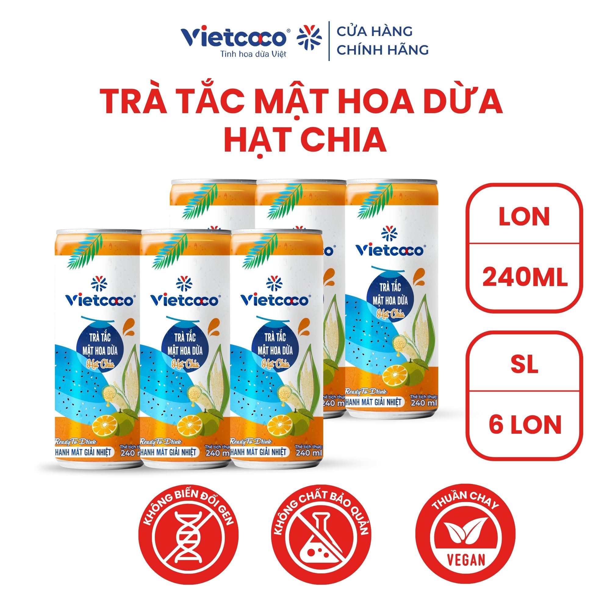 Combo 6 Lon Trà Tắc Mật Hoa Dừa Hạt Chia Vietcoco 240ml